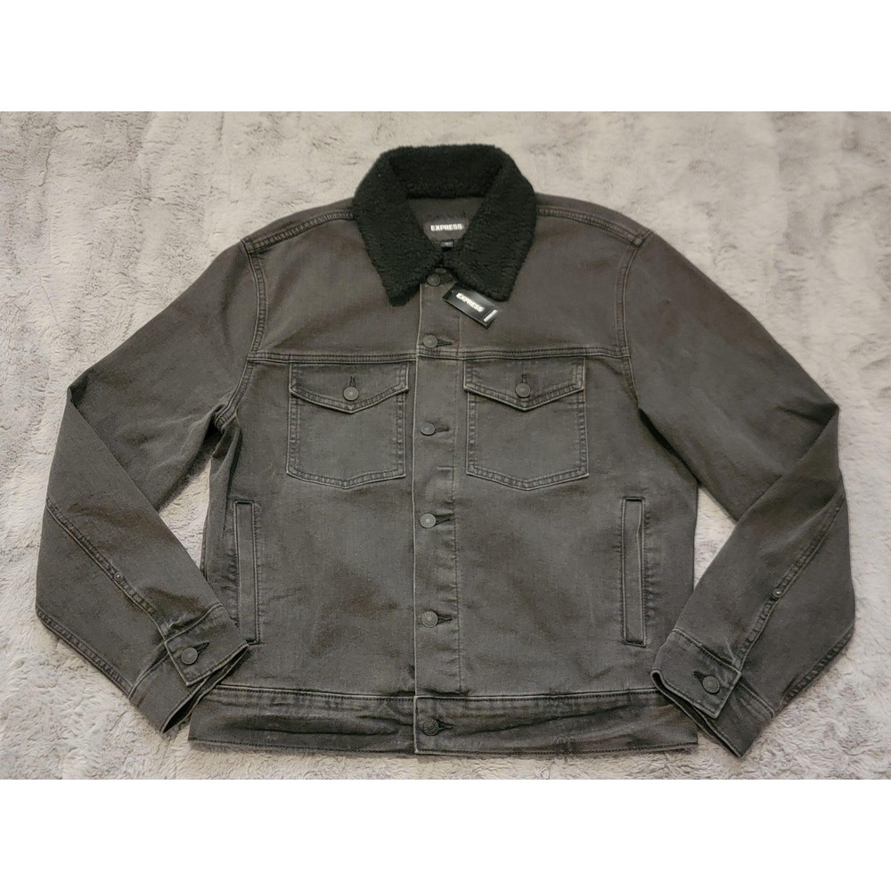 Express Denim Bomber Jacket Mens Medium Gray Faux Fur Collar Button‎ Up Stretch